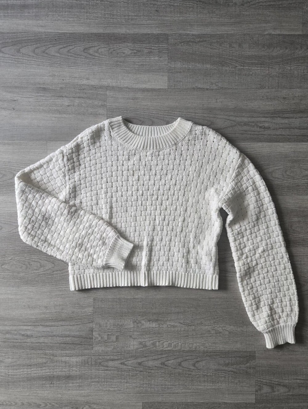 White Textured Knit Crewneck Sweater, Size Small